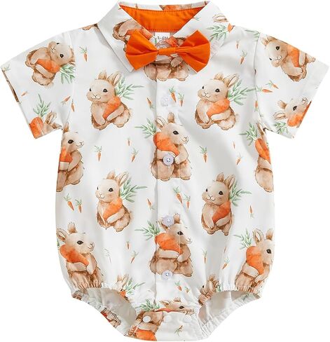 Karuedoo حديثي الولادة Baby Boy Easter Easter Dress Dress Suituit Bodysuit مع Bowtie Button أسفل الأكمام القصير Romper One Point One in Kuwait