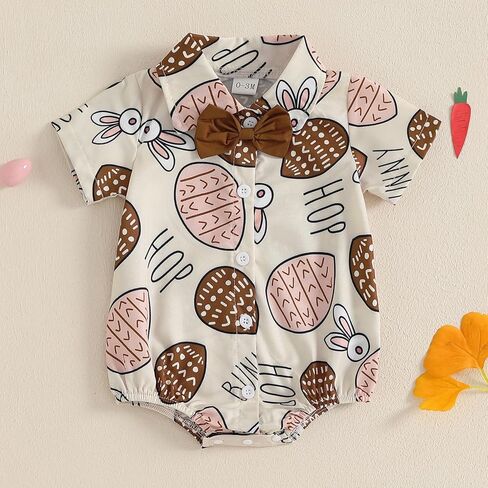 Karuedoo Newborn Baby Boy Easter Outfit Dress Shirt Bodysuit with Bowtie Button Down Short Sleeve Romper One-Piece Outfit in Kuwait