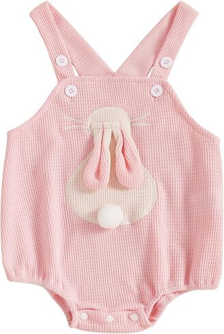 Newborn Baby Girl Easter Outfit Bunny Strap Romper Infant Baby Girl Rabbit Outfit Waffle Knit Onesie Clothes in Saudi Arabia