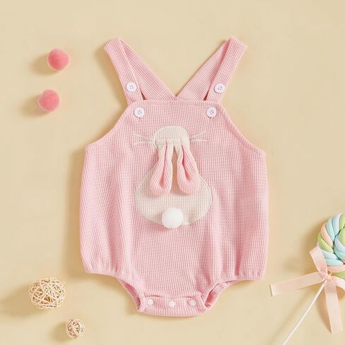 Newborn Baby Girl Easter Outfit Bunny Strap Romper Infant Baby Girl Rabbit Outfit Waffle Knit Onesie Clothes in Saudi Arabia