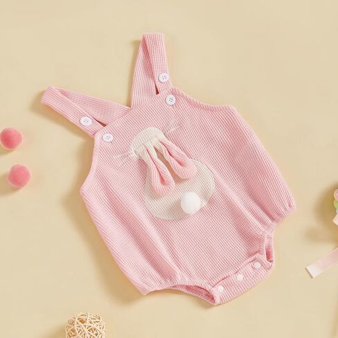 Newborn Baby Girl Easter Outfit Bunny Strap Romper Infant Baby Girl Rabbit Outfit Waffle Knit Onesie Clothes in Saudi Arabia
