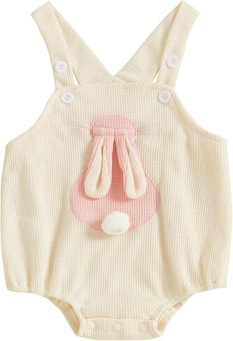 Newborn Baby Girl Easter Outfit Bunny Strap Romper Infant Baby Girl Rabbit Outfit Waffle Knit Onesie Clothes in Saudi Arabia