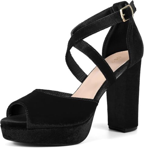 Perphy Peep Toe Pumps Velvet Crisscross Strap Block Heel Platform Sandals for Women in Kuwait