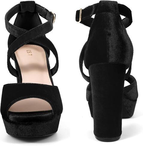 Perphy Peep Toe Pumps Velvet Crisscross Strap Block Heel Platform Sandals for Women in Kuwait