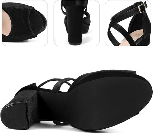 Perphy Peep Toe Pumps Velvet Crisscross Strap Block Heel Platform Sandals for Women in Kuwait