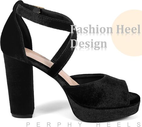 Perphy Peep Toe Pumps Velvet Crisscross Strap Block Heel Platform Sandals for Women in Kuwait