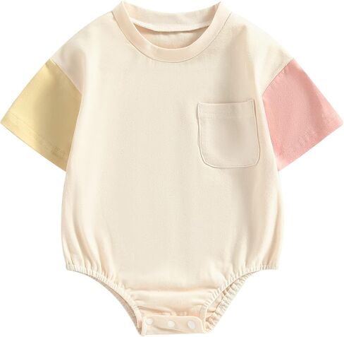 Kayotuas Baby Bubble Romper Infant Oversized Crewneck Tshirt Bodysuit Short Sleeve Color Block Shirt Tops Cute Summer Outfits in Saudi Arabia