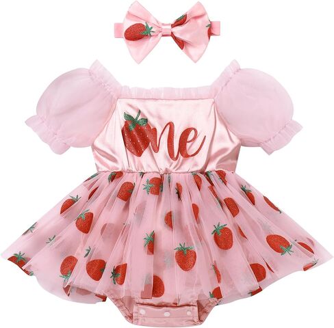 ODASDO Baby Girls First Birthday Outfit Square Neck Puff Short Sleeve Tutu Berry/Floral Romper Dress with Headband in Kuwait