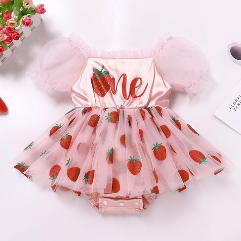 ODASDO Baby Girls First Birthday Outfit Square Neck Puff Short Sleeve Tutu Berry/Floral Romper Dress with Headband in Kuwait
