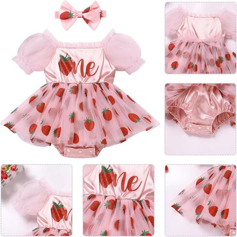 ODASDO Baby Girls First Birthday Outfit Square Neck Puff Short Sleeve Tutu Berry/Floral Romper Dress with Headband in Kuwait