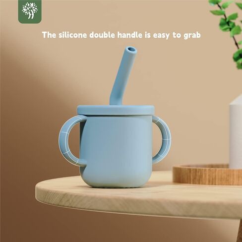 100% Silicone Baby Straw Cup, Baby and Toddler Training Cup with Lids and Non-Slip Handles, Silicone Training Cup with Straw, 5Oz Straw Training Cup, 6+ Months, Blue Baby Straw Cup in Saudi Arabia
