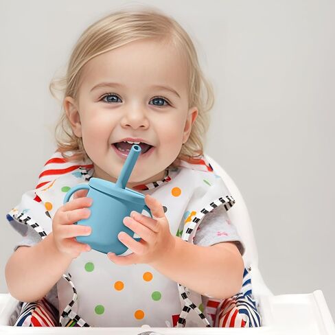 100% Silicone Baby Straw Cup, Baby and Toddler Training Cup with Lids and Non-Slip Handles, Silicone Training Cup with Straw, 5Oz Straw Training Cup, 6+ Months, Blue Baby Straw Cup in Saudi Arabia