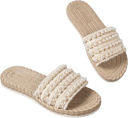 GORGLITTER Women's Pearls Beaded Straw Flat Sandals Braided Beach Open Toe Slip On Slide Sandals in Saudi Arabia