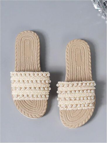 GORGLITTER Women's Pearls Beaded Straw Flat Sandals Braided Beach Open Toe Slip On Slide Sandals in Saudi Arabia