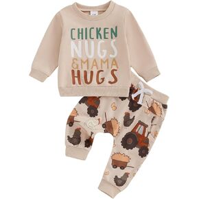 Omkzanbi Baby Boy Farm Outfit Chicken Nugs Mama Hugs Sweatshirt Farm Tractor Chick Jogger Pants Toddler Spring Fall Clothes