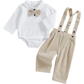 Karuedoo Newborn Infant Baby Boy Clothes Cotton Linen Button Up Long Sleeve Bowtie Dress Shirt Romper Suspender Pants Set