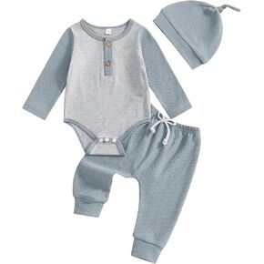 Karuedoo Newborn Infant Baby Boy Fall Winter Outfit Waffle Knit Contrast Color Romper Pants Hat 3Pcs Coming Home Outfits Set