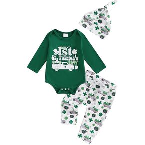 My First St Patricks Day Baby Boy Outfit Newborn Clover Tractor Long Sleeve Romper Pants Hat Set Irish Clothes