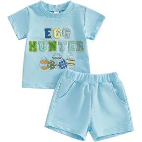 Baby Girl Boy Easter Outfit Toddler Easter Eggs Hunt Crewneck Short Sleeve Shirt Kids Pants Spring Summer Clothes