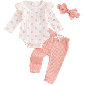 MBMSHEGH Baby Girls Fall Outfit, Long Sleeve Dots Print Romper with Pants and Bowknot Headband Clothing Set
