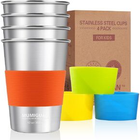 Stainless Steel Cups for Kids with Silicone Sleeves 12oz/350ml (4 Pack), Stainless Steel Tumbler, Kids Cups, Camping Stainless Steel Cups, Stackable Durable Metal Drinking Glasses, BPA Free