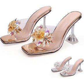 Women's Clear Flower Crystal Stiletto Heel Sandals Fashion Comfortable Square Open Toe Summer Slip On Wine Glasses Heel Dress Slides Sandals for Formal Wedding Party