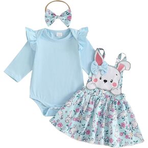 Newborn Baby Girl Easter Outfit Ruffle Long Sleeve Romper Bunny Suspender Skirt Overall Dress Headband 3Pcs Set