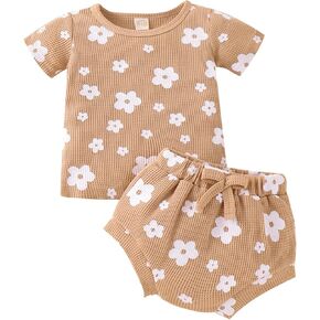Toddler Girl Boy Outfit Waffle Short Sleeve Tank Tee Top Bloomer Shorts 2-Piece Infant Summer Floral Clothes Set