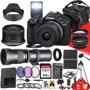 Canon EOS R50 Mirrorless Camera with 18-45mm and 420-800mm Lens + 64 GB Memory + Hood + Monopod + Filters + Tripod + More (30pc Bundle) (Renewed)