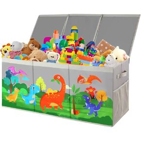 Extra Large Toy Box Chest with Lids, Collapsible Toy Storage Organizer for Kids, Dinosaur Toy Bin Box for Toddlers Boys Girls, Toy Organizer for Living Room Nursery Playroom Bedroom Home Grey