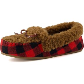 CUSHIONAIRE Women's Stella Faux Suede Moccasin Slippers – Faux Fur Lining, Memory Foam & Wide Widths Available