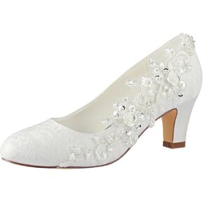Emily Bridal Wedding Shoes Women's Silk Like Satin Chunky Heel Pumps with Stitching Lace Flower Crystal Pearl