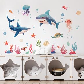 Cartoon Shark Jellyfish Sea Turtle Wall Decal Nursery Sea Animal Wall Sticker Removable Peel and Stick Wall Art Decor for Kid Baby Classroom Preschool Living Room Playroom Bedroom School