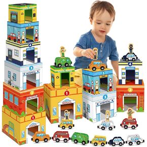 Aizweb Stacking Toys for Toddlers,Sorting Blocks Magnetic Wooden Cars Cardboard Vehicles Educational Preschool Kindergarten Learning Montessori Toys for 1 2 3 Year Old Boys Girls