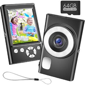 Digital Camera,Portable Compact Point and Shoot Digital Camera,Autofocus 48MP 1080P Vlogging Camera16X Digital Zoom, Shoot Digital Camera for Kids Teens Adult Beginner with 64GB Card,Lanyard (White)