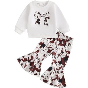 2Pcs Toddler Baby Girl Western Outfit Long Sleeve Bow Print Sweatshirt Cow Pattern Flare Pants 2pcs Spring Clothes