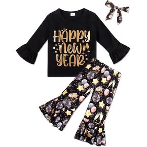 New Year Outfit Toddler Girl Happy New Year Top Firework Pattern Bell Pants Turban 3 Piece Set