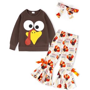 New Year Outfit Toddler Girl Happy New Year Top Firework Pattern Bell Pants Turban 3 Piece Set