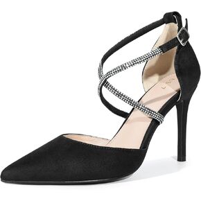 Perphy Pointed Toe Crisscross Rhinestone Ankle Strap Stiletto Heel Pumps for Women