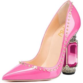 FSJ Women Bridal Pointed Toe Chunky Block High Heel Crystal Pumps Slip on Wedding Thick Comfort Evening Dress Studded Rivets Shoes Size 4-16 US