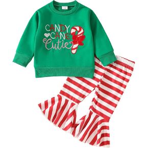 Toddler Baby Girl Christmas Outfit Candy Crewneck Sweatshirt with Stripe Flare Pants Set Winter Clothes
