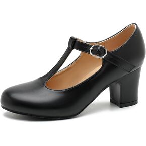 Women's T Strap Mary Jane Chunky Heel Low Block Pumps Round Toe Dress Office Work Shoes