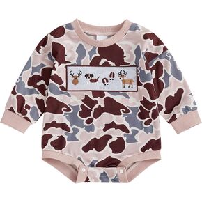 KMBANGI Newborn Baby Boy Girl Camo Outfit Long Sleeve Deer Puppy Print Sweatshirt Romper Infant Bubble One Piece Fall Clothes