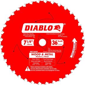 Diablo Carbide Saw Blade for Wood and Metal - 7-1/4" Diameter, 36 C-ATB Teeth, 5/8" Arbor, .067" Kerf, 5° Hook Angle, .051" Plate, 8000 Max RPM - D0736GPA
