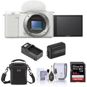 Sony ZV-E10 APS-C Mirrorless Interchangeable Lens Vlogging Camera, White - Bundle with 64GB SD Card, Shoulder Bag, Extra Battery, Charger, Cleaning Kit