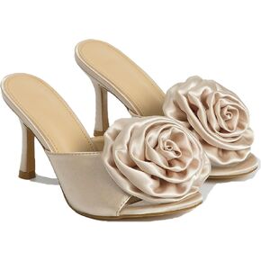 Women's Satin 3D Flower Pointed Toe Kitten Heel Sandals Mules Fashion Fish Mouth Slip On Non-Slip Dress Stiletto Sandals for Prom Party Wedding Sexy Satin Pumps