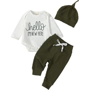 Newborn Baby Boy Girl Clothes Im New Here Letter Printed Romper Bodysuit Pants with Hat Coming Home Outfits