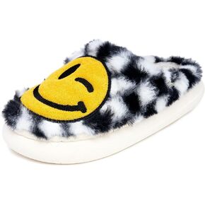Sugar Women's Fuzzy Slippers – Cozy Indoor Flat Slides for Ladies with Smile Face or Floral Design