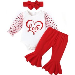 Baby Girl Valentine's Clothes Day LOVE Print Long Sleeve Romper + Bell-Bottomed Pants 3Pcs Outfits