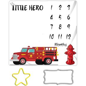 Firemen Baby Monthly Milestone Blanket for Boys, Fire Truck Little Hero Photo Balnket, 48x48in, Baby Milestone Blanket for Newborn Baby Shower BTZDME8